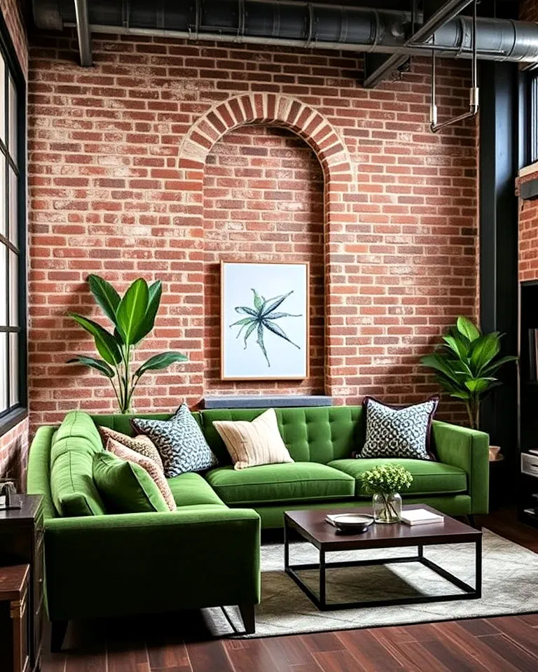 industrial living room with green sofa