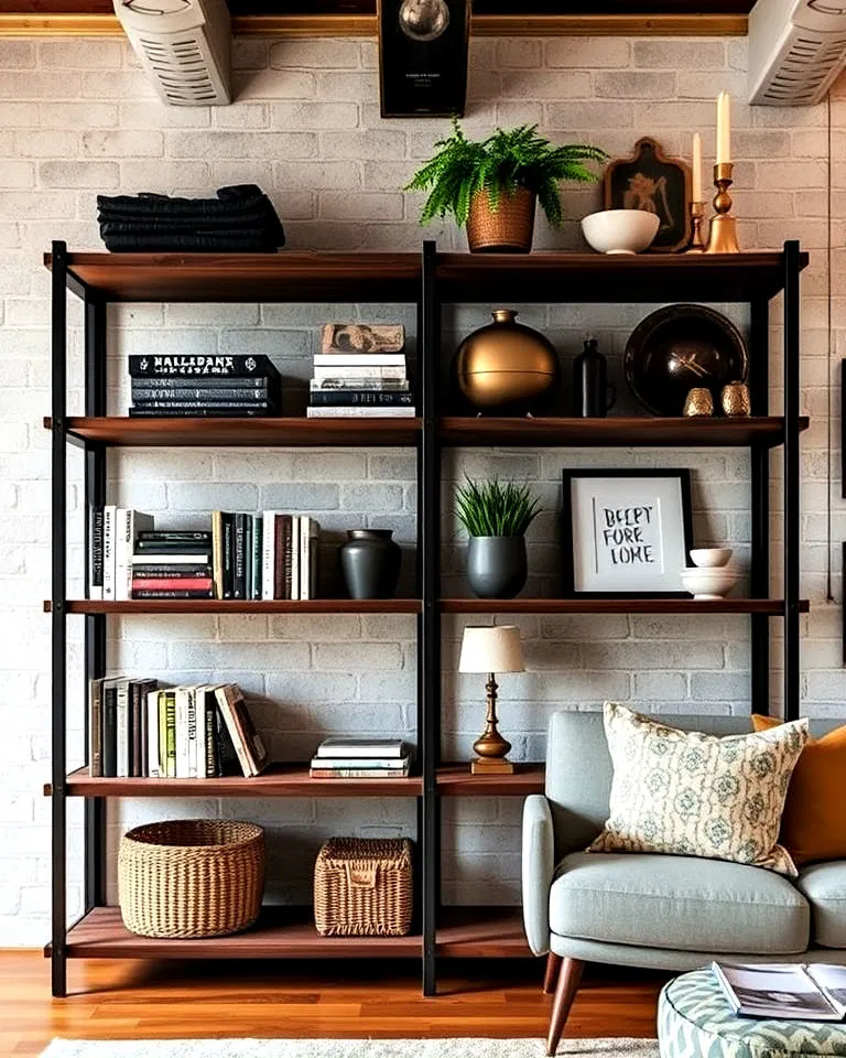 open bedroom shelving for an industrial warehouse look