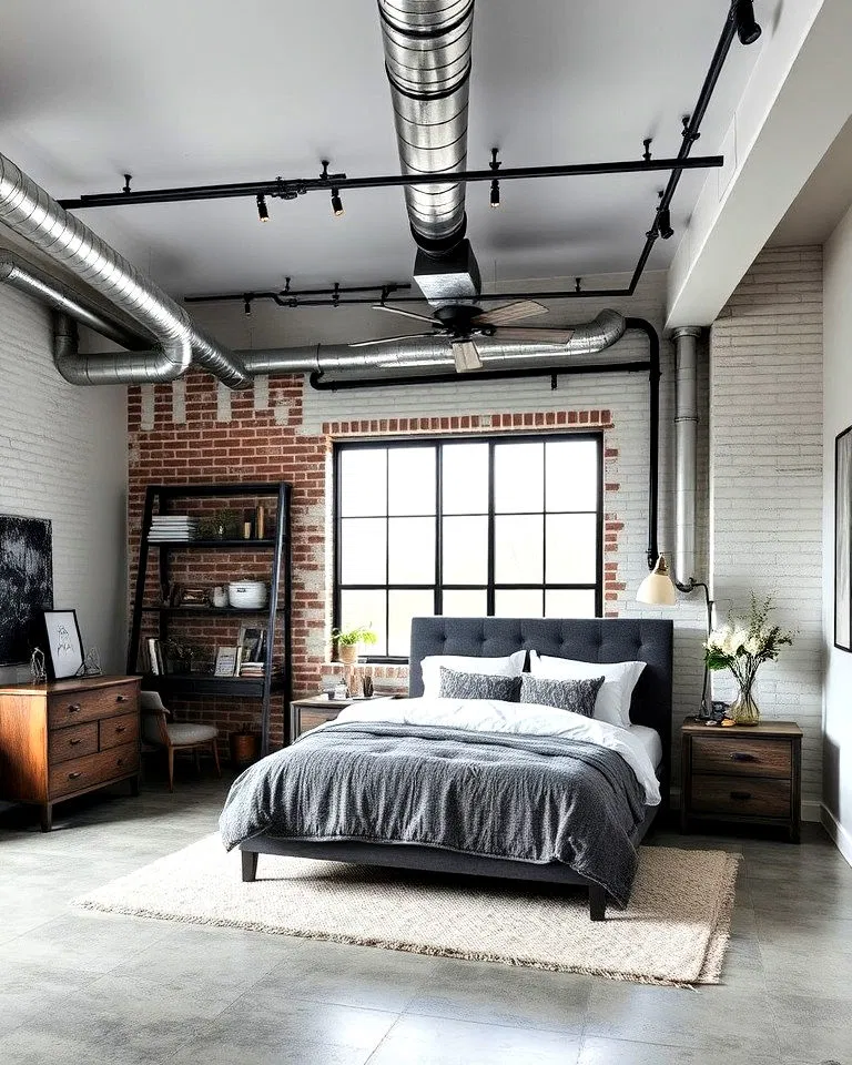industrial bedroom with exposed ductwork and pipes