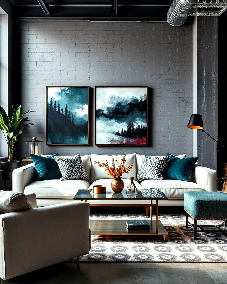 neutral color industrial bedroom with pops of color