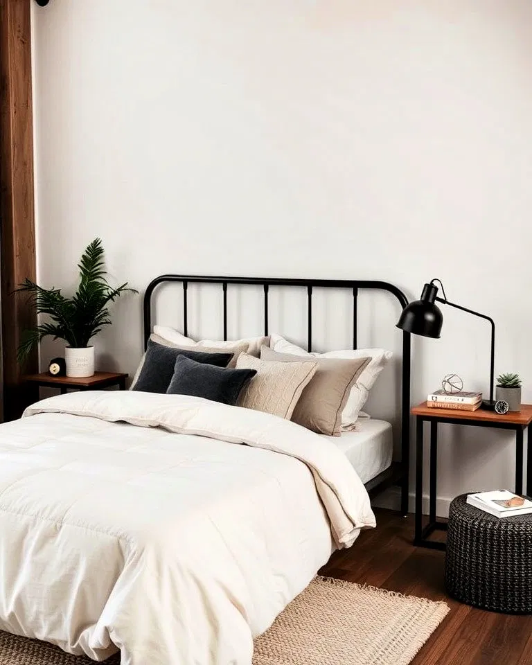 minimalist neutral bedding for an industrial look