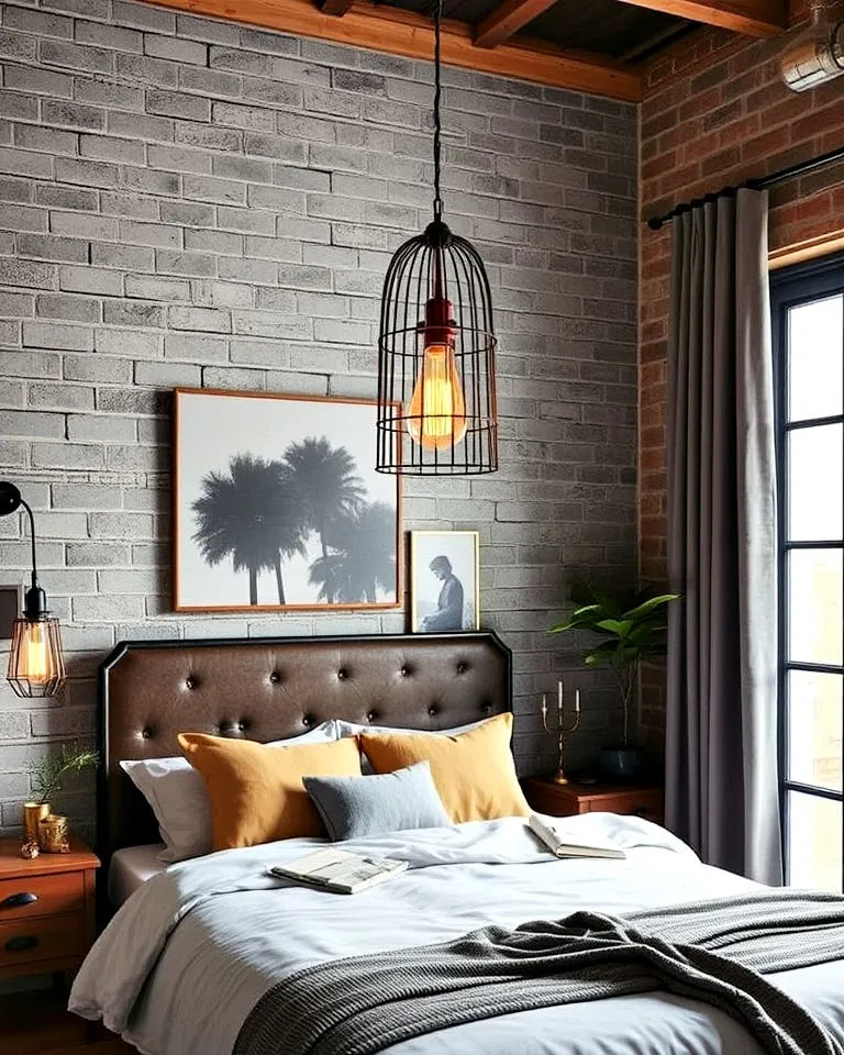 caged pendant light for a factory inspired bedroom