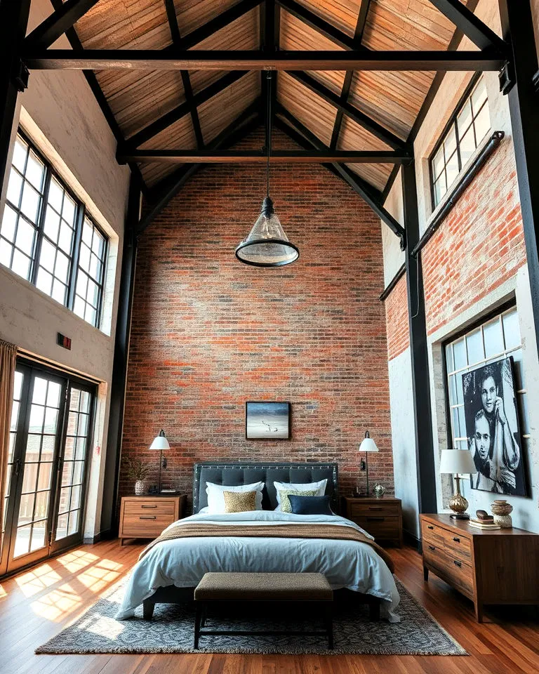 high bedroom ceiling with loft like exposed beams
