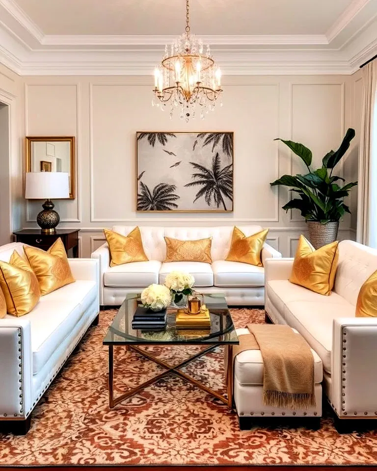 white living room sofas with gold accent pillows