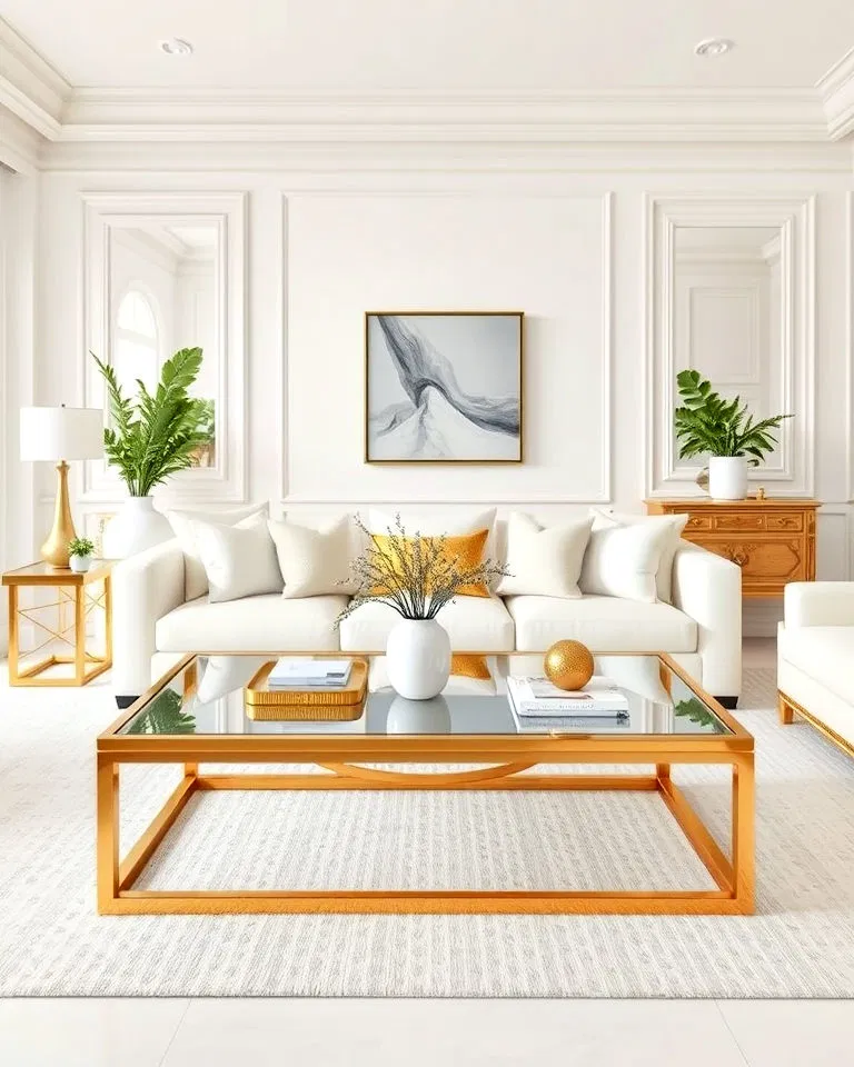 gold coffee table in a white dominated living room