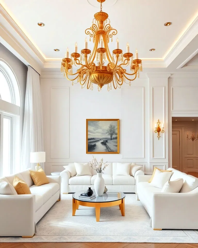 gold chandelier for a modern white living room