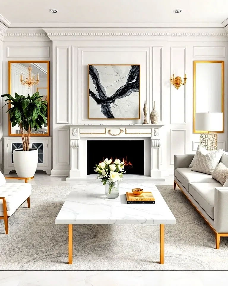 white living room with glam gold and marble accents