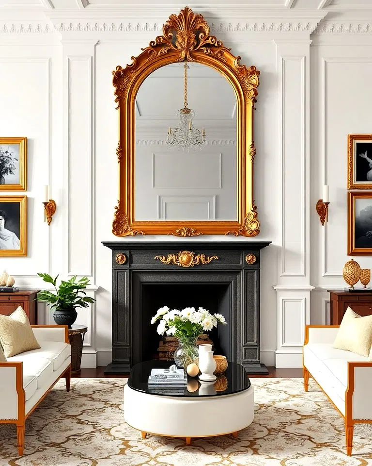 gold framed mirror above a living room fireplace