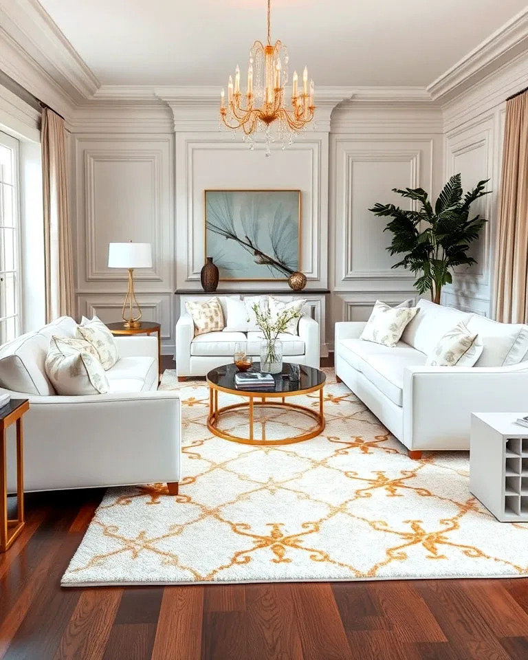cozy white living room rug with gold patterns