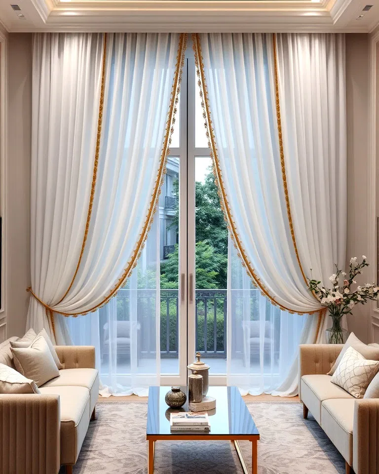 white living room curtains with gold trimmings