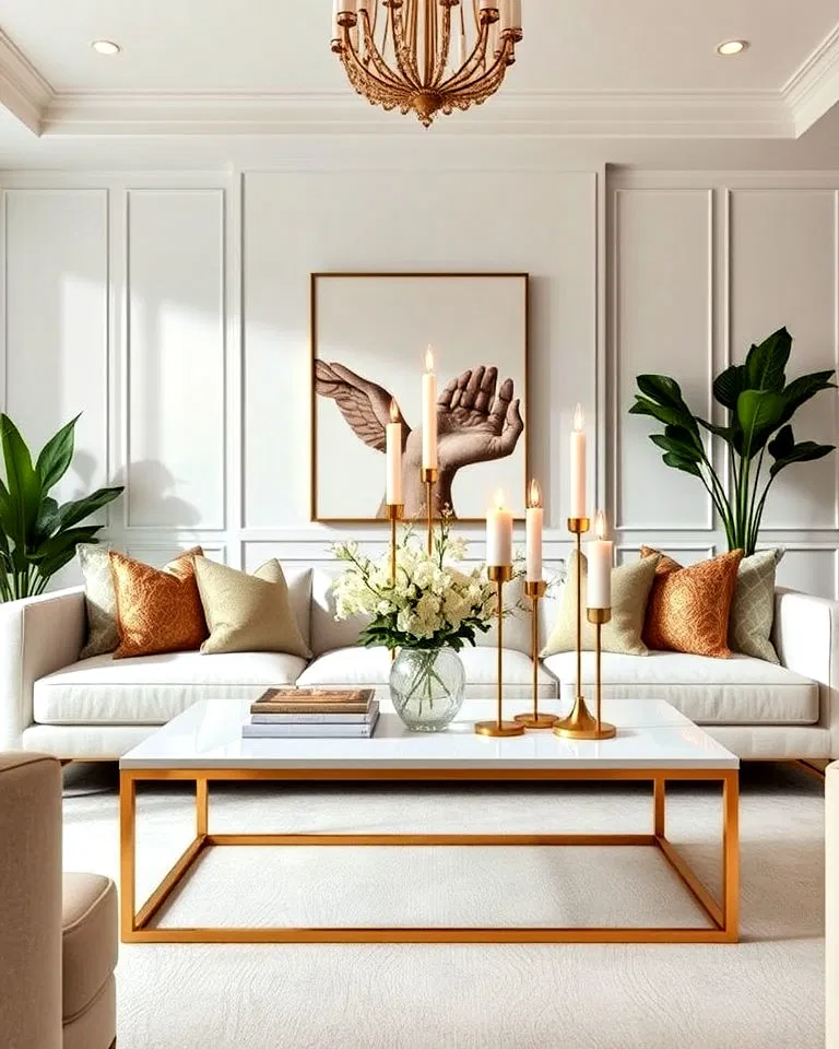 chic gold candle holders on a white coffee table