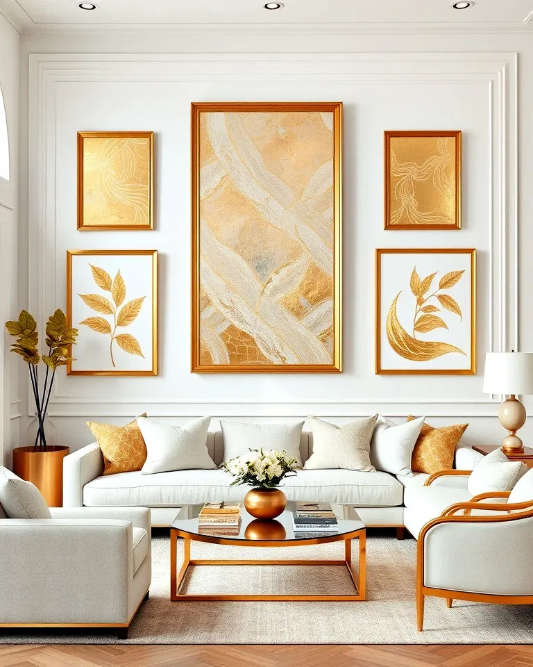 glamorous gold wall art on white living room walls