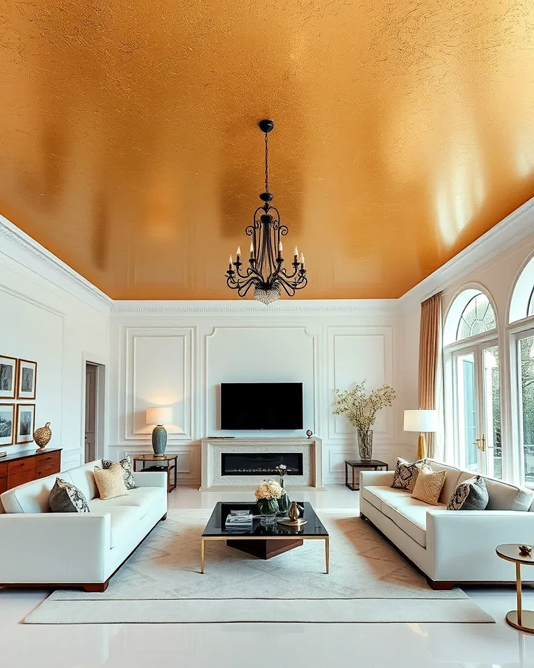 white living room with elegant gold leaf ceiling