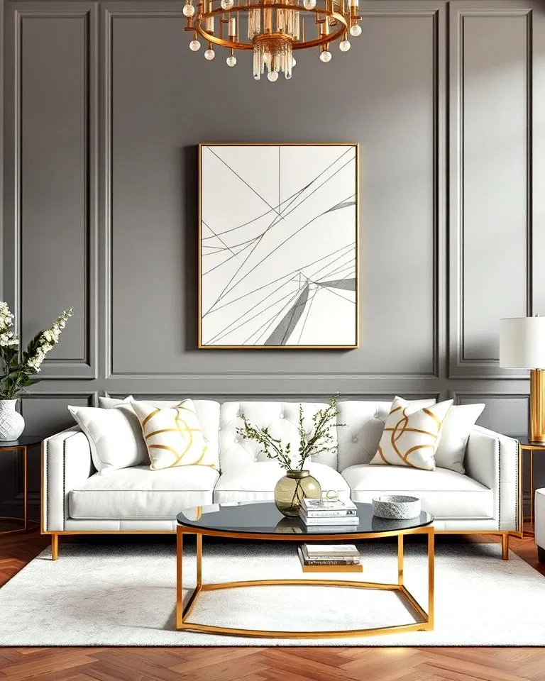 white and gold geometric patterns for your living room