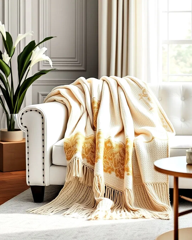 gold and white throw blanket over a white sofa