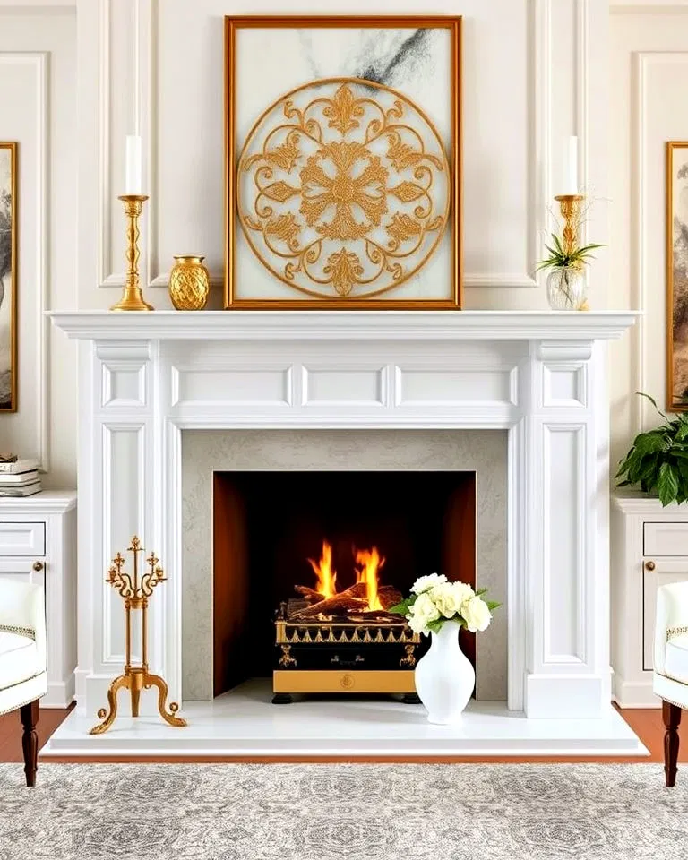 white living room fireplace with stunning gold accents