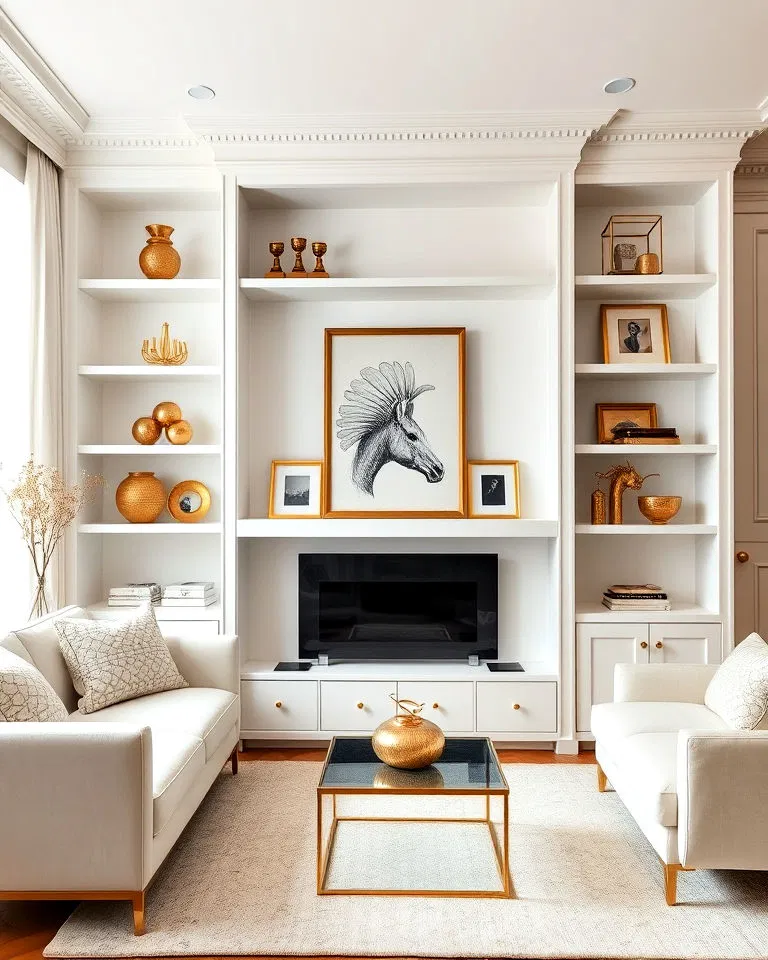 white living room shelving with chic gold decor