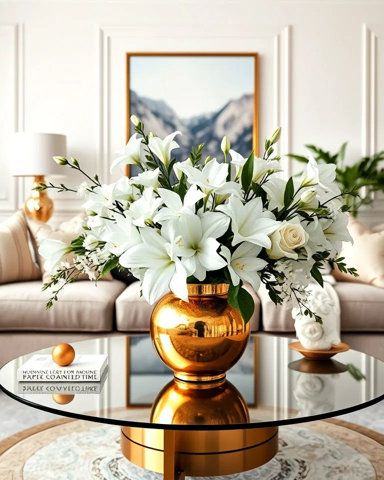 beautiful white and gold living room floral arrangement