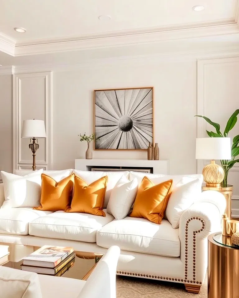 gold velvet cushions on white living room seating