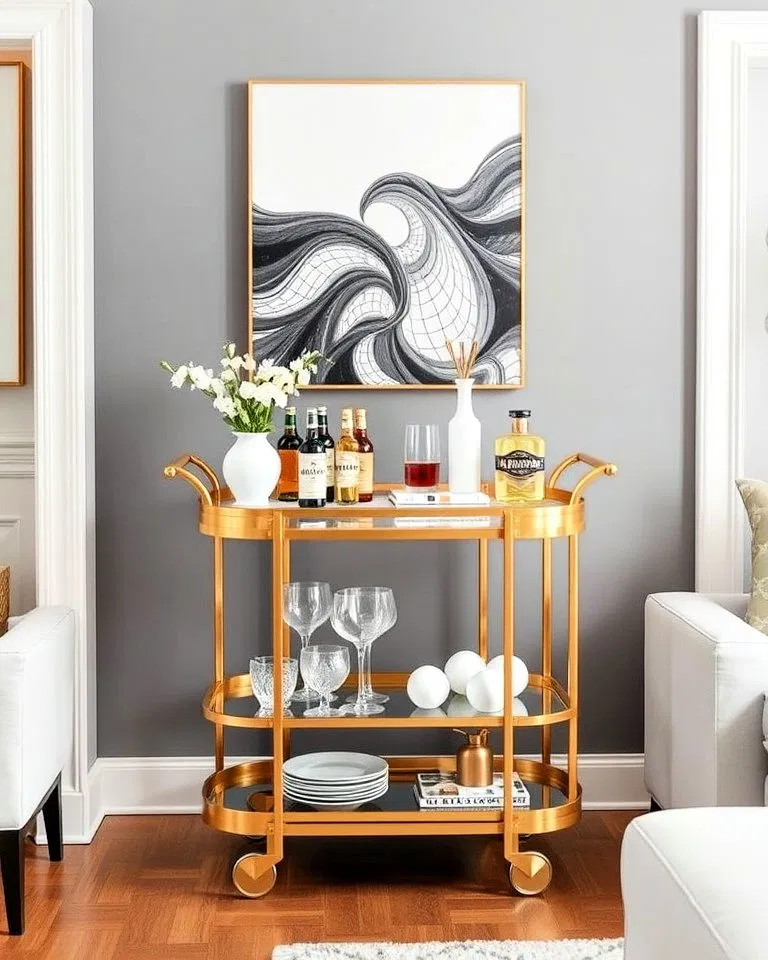 gold living room bar cart with stylish white accents
