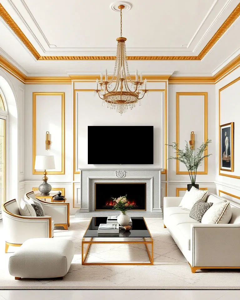 white living room walls with elegant gold trimmings