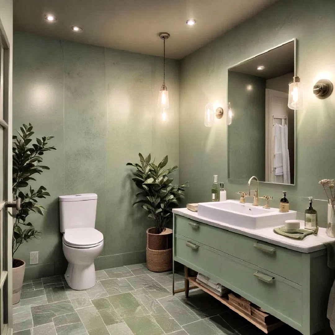 layered lighting in sage green bathroom
