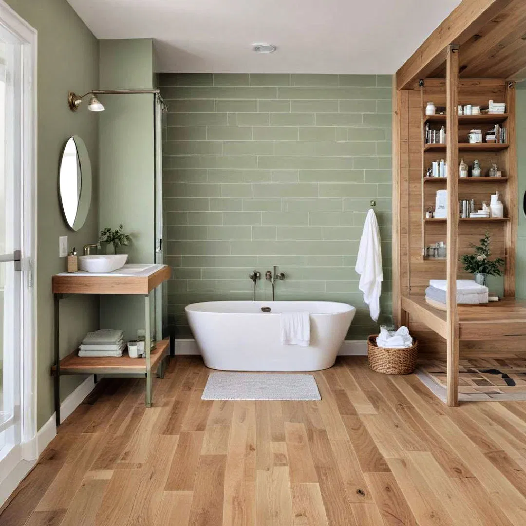 hardwood flooring with sage green bathroom