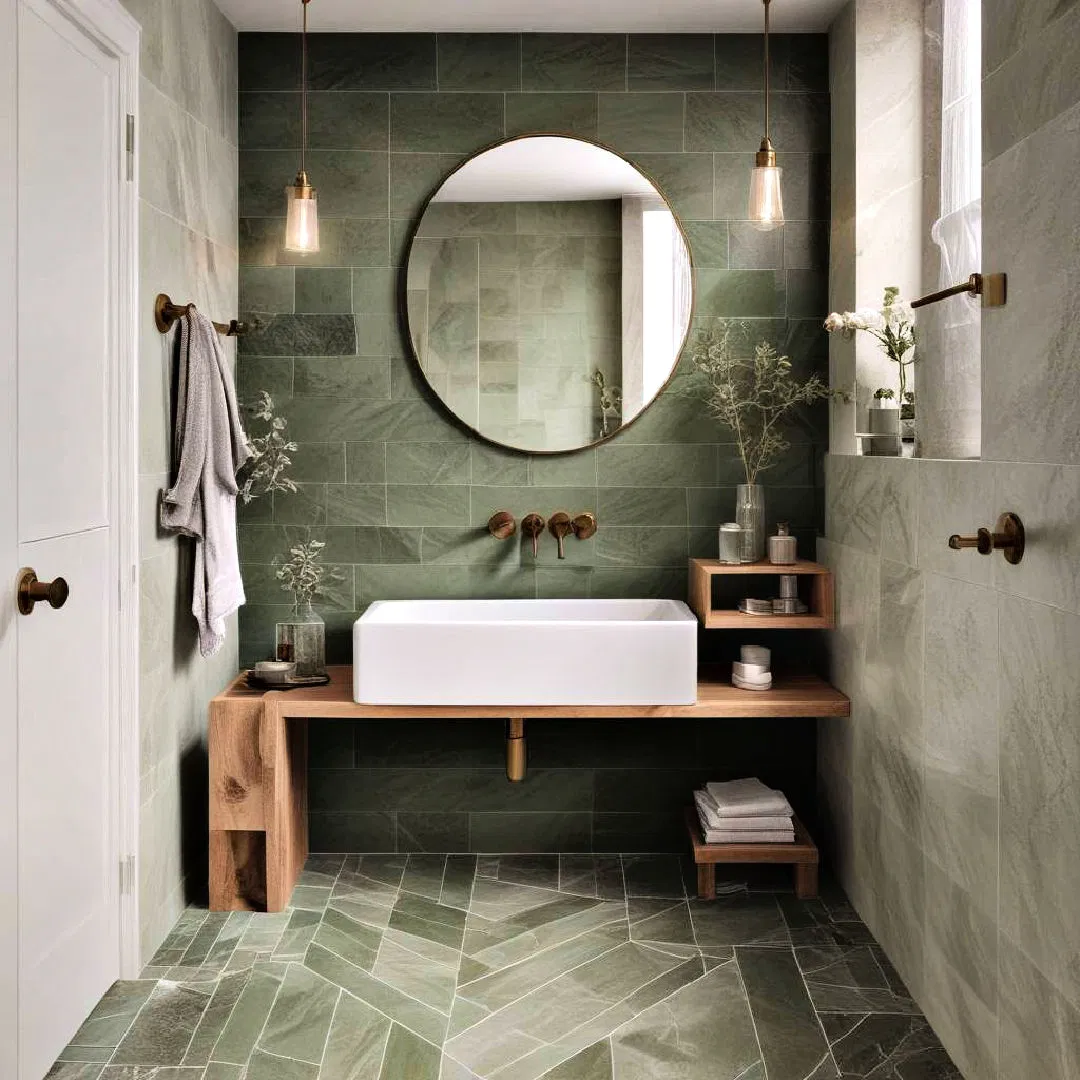 luxurious layered sage green bathroom