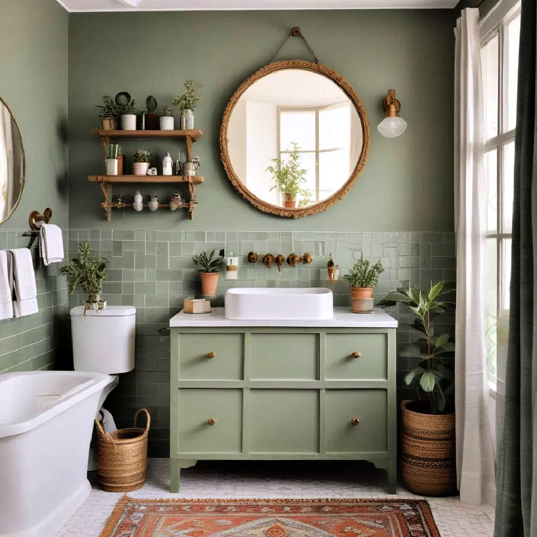 bohemian sage green bathroom