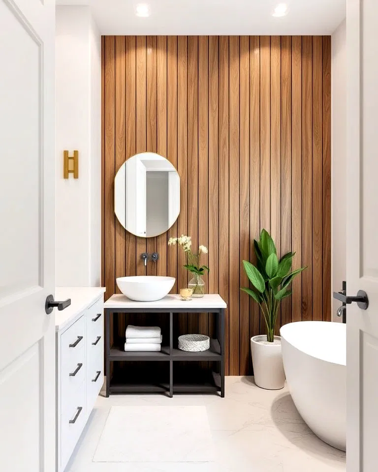 vertical shiplap accent wall in bathroom