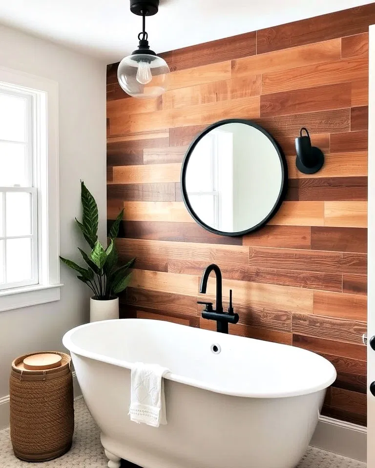 reclaimed wood accent wall in bathroom