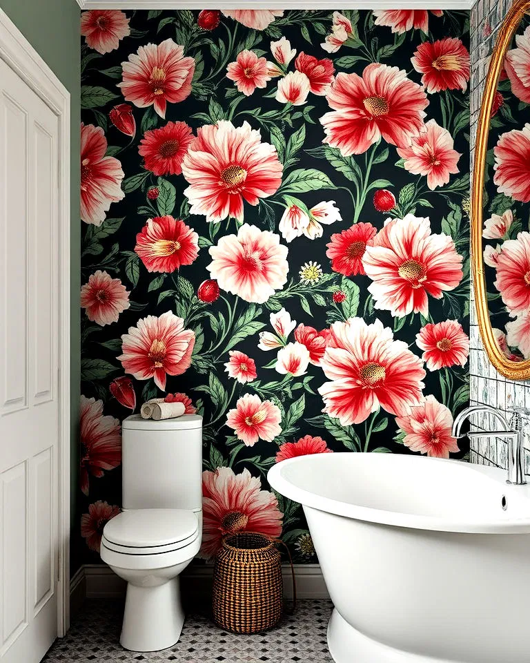 bold wallpaper accent wall in bathroom