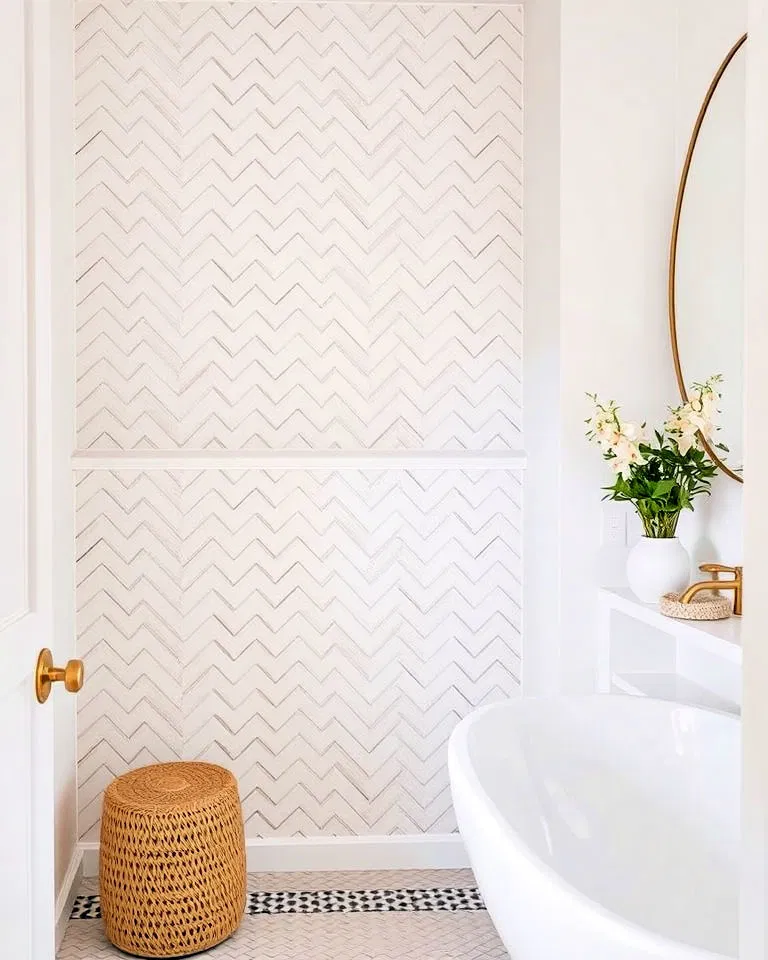 herringbone tile pattern bathroom accent wall