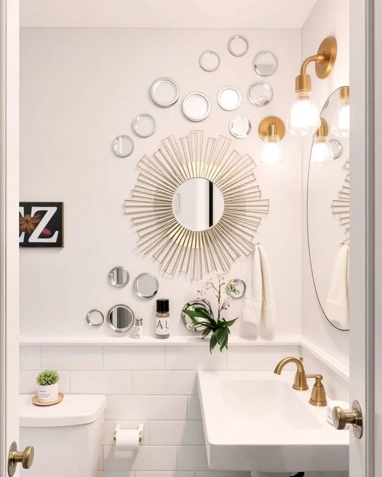 mirrored accent wall in small bathroom