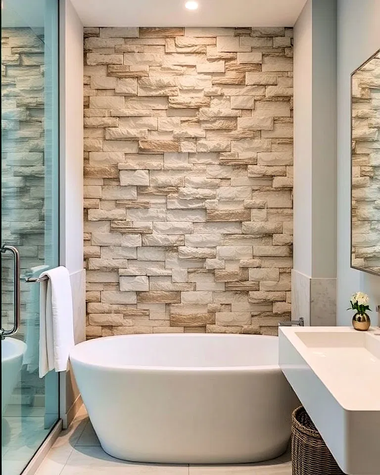 textured stone accent wall in bathroom