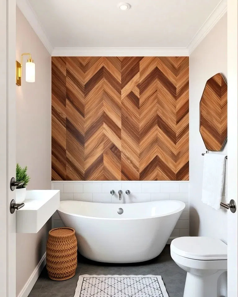 chevron wood panel accent wall in bathroom