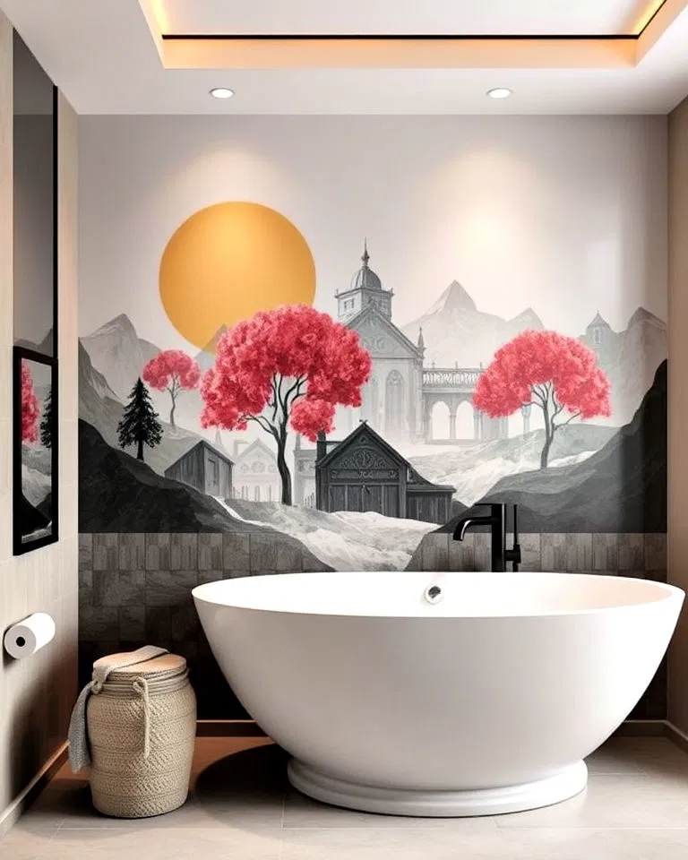 graphic art panels bathroom accent wall