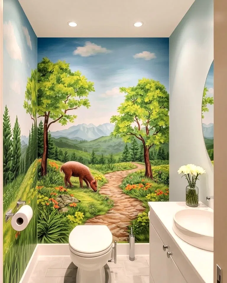 hand-painted mural accent wall in bathroom
