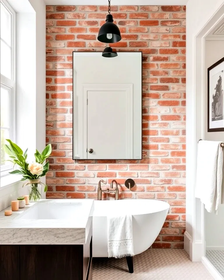 brick accent wall in bathroom