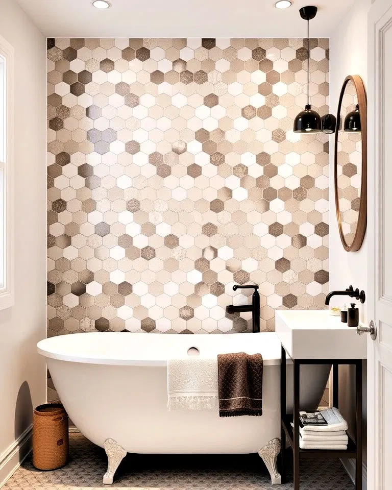 hexagon tile accent wall in bathroom