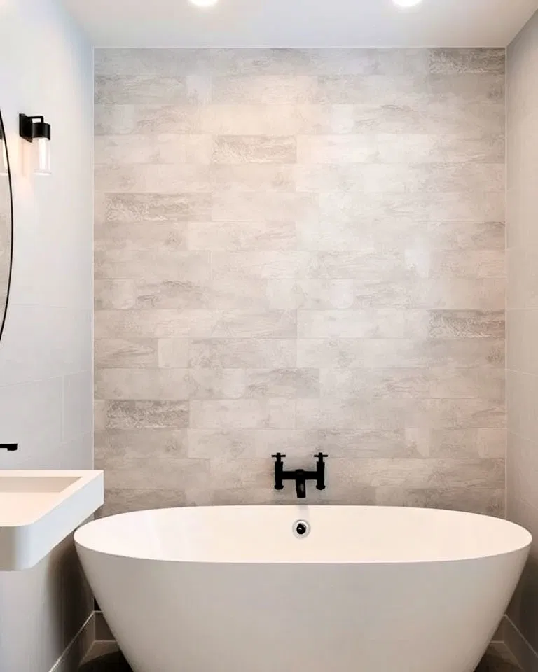 concrete look tile bathroom accent wall