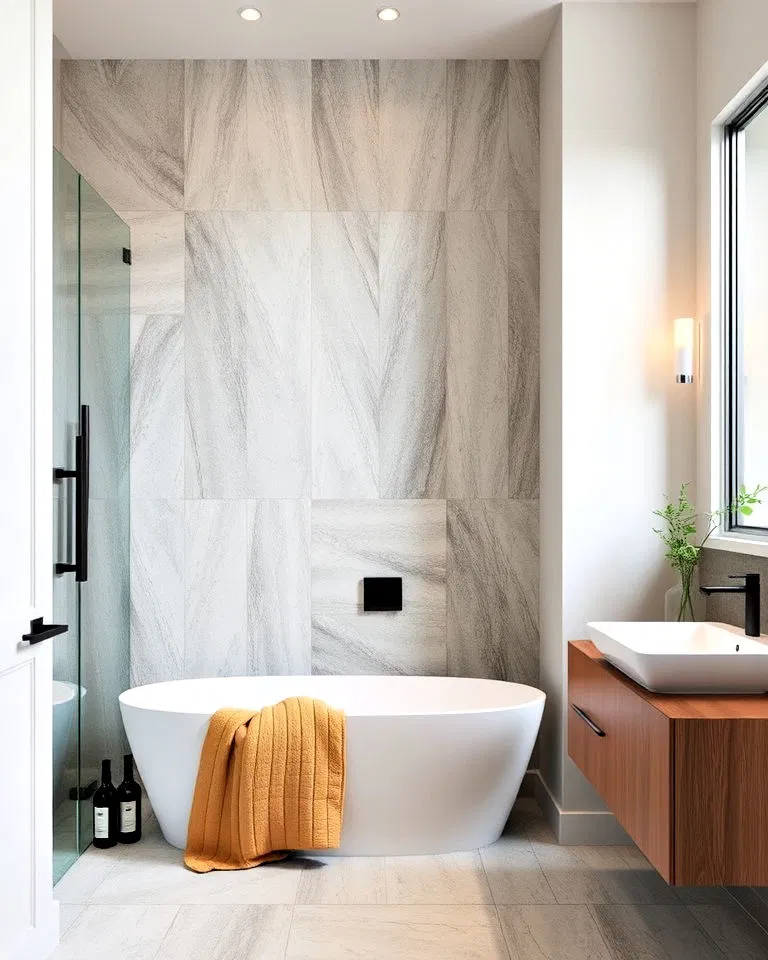 large format tile bathroom accent wall