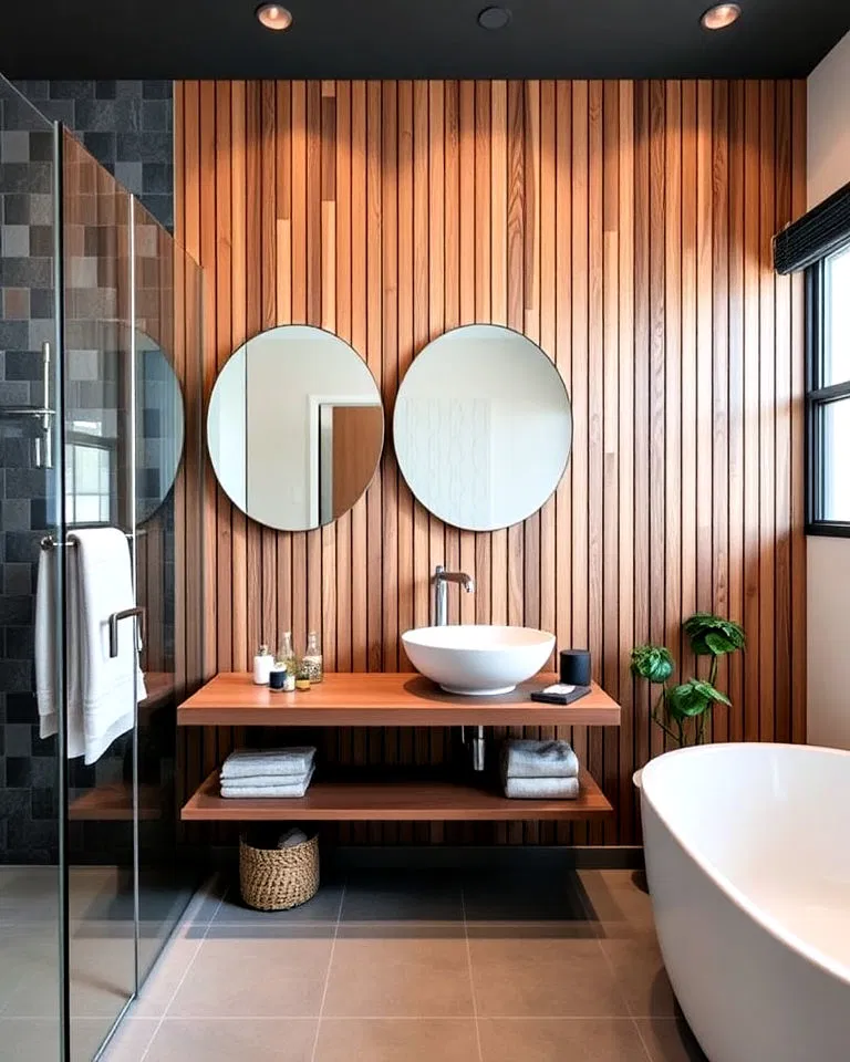wood slat accent wall in bathroom