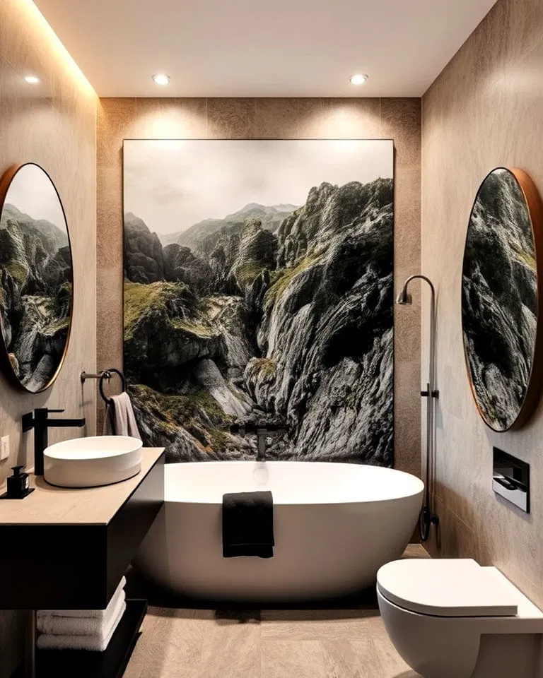 large scale photography bathroom accent wall