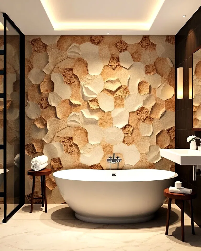 pebble tile accent wall in bathroom