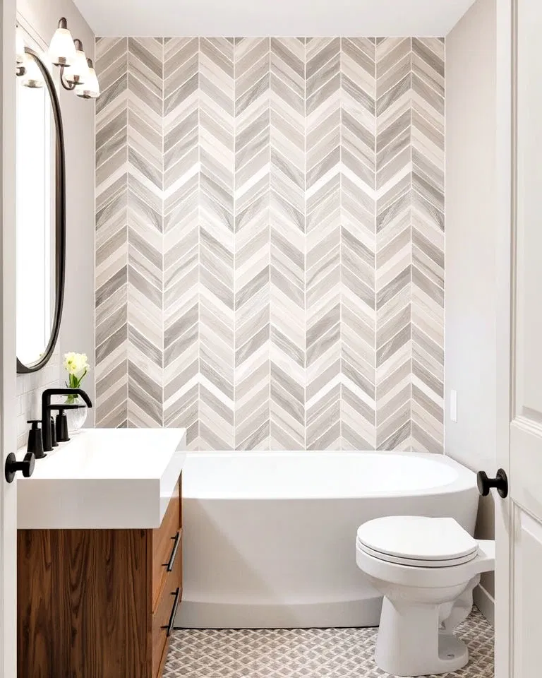 chevron tile pattern bathroom accent wall