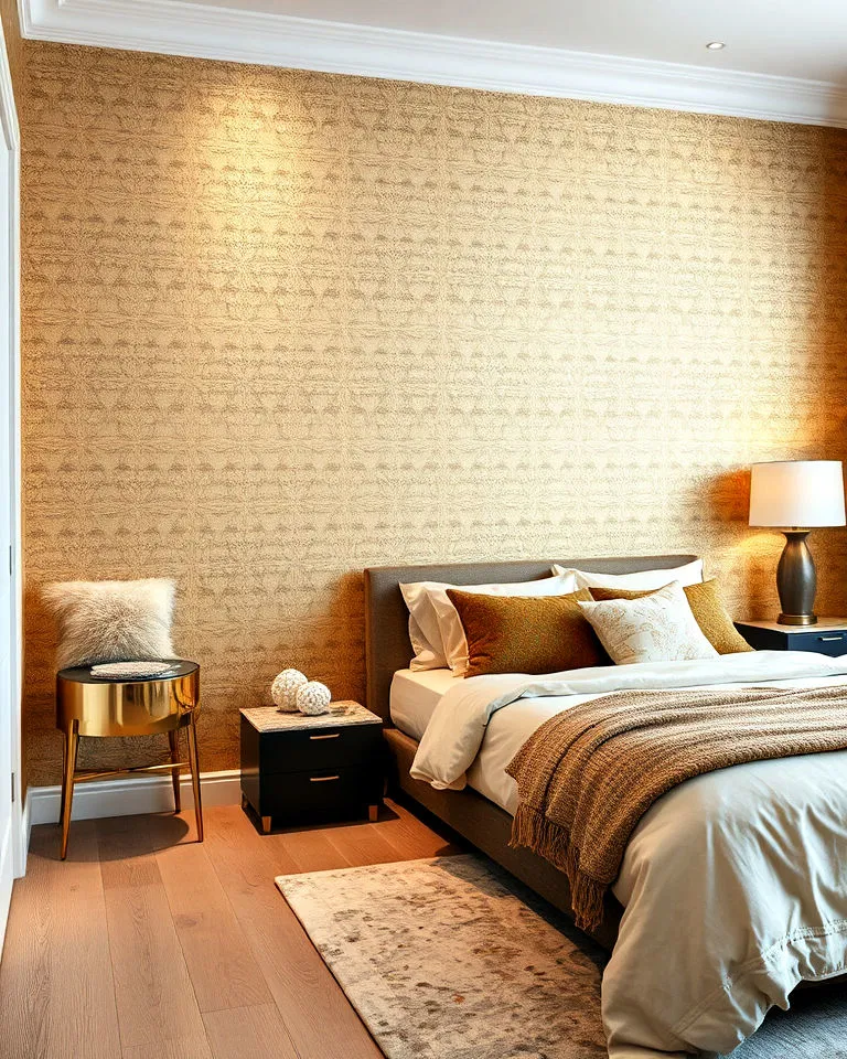 metallic accented wallpaper bedroom