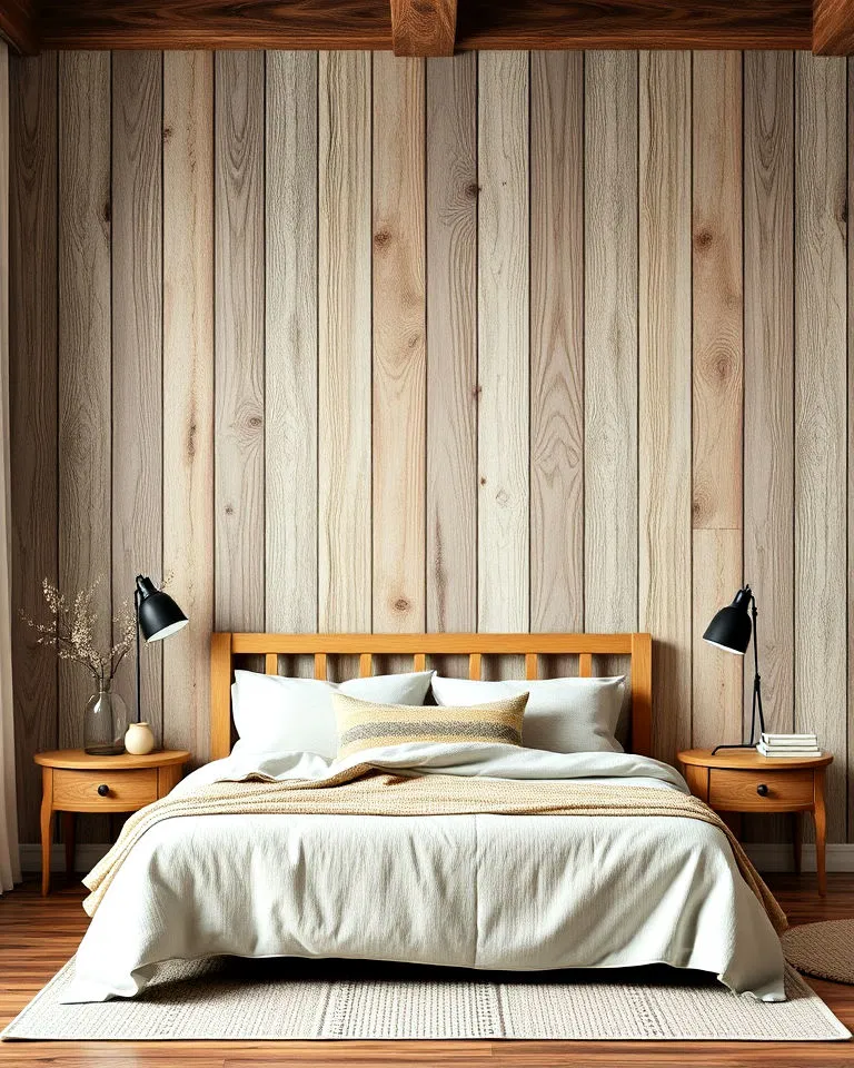 wood panel effect wallpaper bedroom