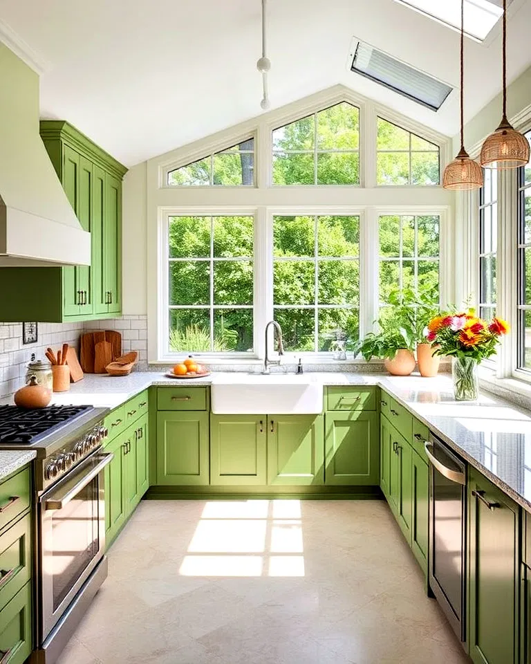 sunroom kitchen with green accents
