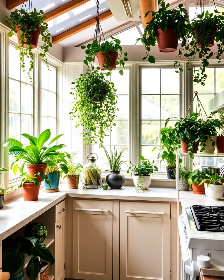 sunroom kitchen with hanging plants